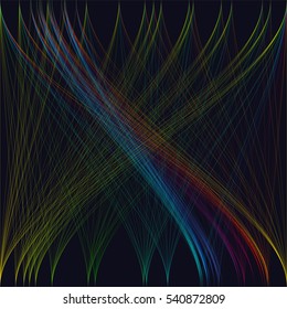 Colorful dark background with abstract waves, lines. Bright color chaotic, random, messy curves, swirl. Motion design. Colourful vector decoration