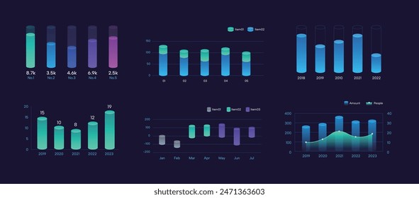 Colorful dark bar chart, 3d visual histogram cylinder