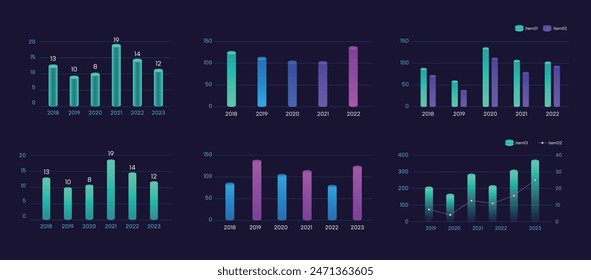 Colorful dark bar chart Neon Color, 3d Cylinder