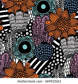 Colorful dark blue floral outline doodle linear seamless vector pattern abstract flower background. Unusual original graphics mix of floral pattern with geometric graphics. 

