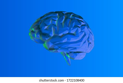 Colorful dark blue low poly human brain and wireframe vector illustration on blank purple blue background