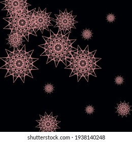 Colorful Dark Folk Winter Print Sky Background. New Year Cold Snowflakes Sharp Stars Background. MandalaMystery Girl Black Cold Wallpaper. Gothic Christmas Chaotic Pink Winter Ornament.