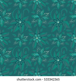 Colorful dark green hand drawn doodle floral seamless pattern.  Abstract tropical fantasy flowers, leaves, hawaiian. Cartoon green flora. Digital print for card, website. Texture. Vector background.