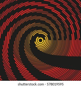 Colorful dark hypnotic illustration. Multiple psychedelic outline arcs. Concentric round geometric composition. Asymmetric curved lines of different color, radius and weight. Element of design.
