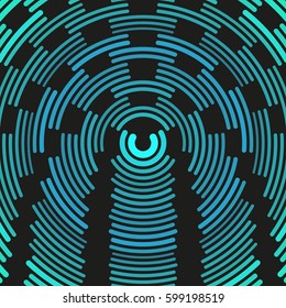Colorful dark hypnotic illustration. Multiple psychedelic outline arcs. Concentric round geometric composition. Asymmetric curved lines of different color, radius and weight. Element of design.
