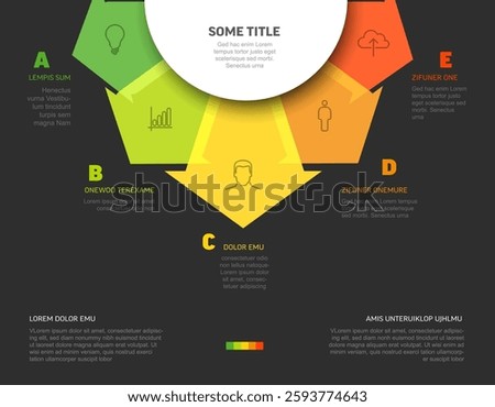 Colorful dark infographic features arrows pointing to icons and text areas, illustrating various sections. The design uses vibrant colors to visually separate the parts distinctly.