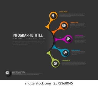 Colorful dark infographic template  with five connected elements. The infographic design uses vibrant colors and icons to represent sequential information visually.