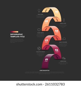 A colorful dark six-step infographic with a gradient ribbon design and icons paired with text. Ideal for process visualization, workflow concepts, or timeline presentations.