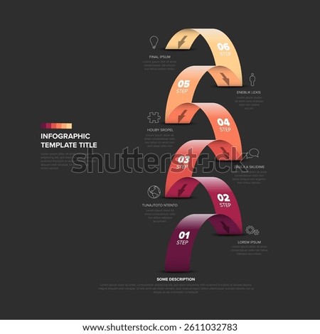 A colorful dark six-step infographic with a gradient ribbon design and icons paired with text. Ideal for process visualization, workflow concepts, or timeline presentations.