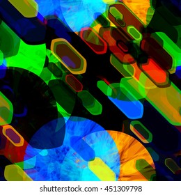 Colorful dark texture. Polygons, circles. Motion. Overlay, overlapping, transparency. Abstract seamless pattern.
