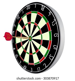 Colorful dartboard with dart in bullseye