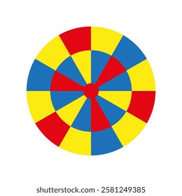 Colorful dartboard pattern. Blue yellow red segments. Radial layout with numbers. Vibrant geometric vector.