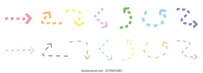 Colorful dashed arrows on a black grid. Arrows in pink, green, blue, and yellow. Arrows pointing in various directions on a grid. Bright arrows on dark background. Doodle element vector set.