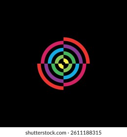 Colorful and dashed circular lines expanding from the center outwards. Vector symbol.