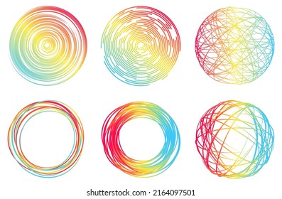 Colorful dashed random concentric line circles. Bright multicolored circles, spheres and round shapes. Color scribble line elements. Tangled background for creative color labels or vibrant frames.