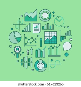 Colorful data analysis illustration. Vector statistics or analytics sign made with chart and diagram icons on green background