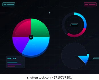 Colorful data charts display various statistics and metrics on a black background. Different shapes focus on analytics. Colors include blue, green, pink, and purple.