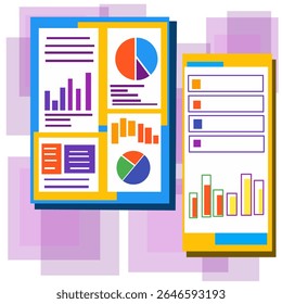 Relatório de dados coloridos e ilustração infográfica de gráfico com gráficos de barras e de pizza, perfeito para conceitos analíticos e de negócios