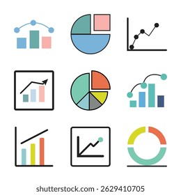 Colorful Data Visualization Icons Set, Bar, Line, and Pie Charts