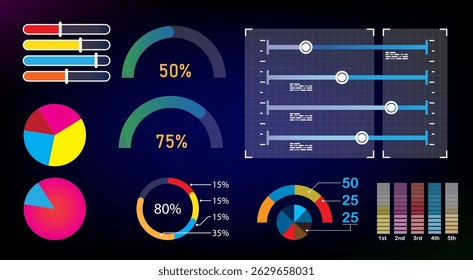 Colorful data visualization with various graph types, including vertical bar charts and donut charts. Perfect for reports, business dashboards, analytics, statistics, and digital presentations.