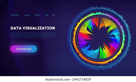 Infografía colorida de la rueda de datos sobre fondo oscuro. Visualización de datos.