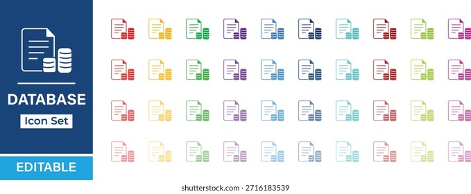 Colorido conjunto de iconos de documentos de base de datos servidor de almacenamiento de datos editable colección de Vector de administración de archivos.