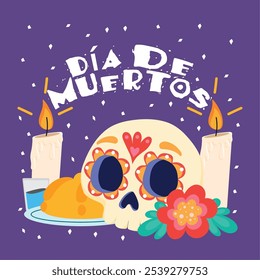 Dia colorido da cena do altar morto com crânio de açúcar, velas e pan de muerto, ilustração Vetor