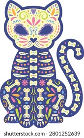 Colorful day of the dead cat skeleton