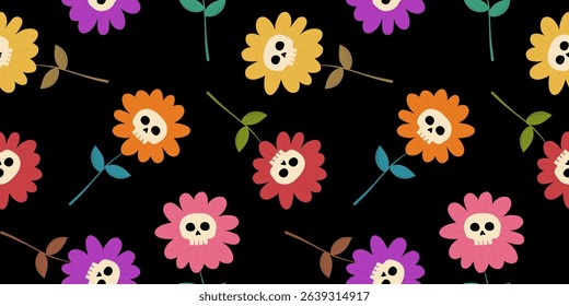 colorful day of the dead halloween flowers seamless pattern black background skull floral festive digital textile