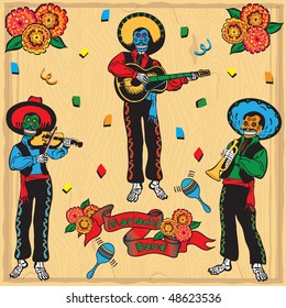 Colorful Day of the Dead Mariachi Band with banner and flowers on a faded wood background