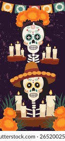  Dia Colorido do Crânio Morto com Marigold Flores Ilustração