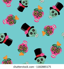 Colorful Day of the Dead sugar skulls- seamless vector repeat pattern, aqua background, Quirky, modern and fun. Dia de los Muertos, fiestas, invitations, banners, posters, textiles, wallpaper, wrap.