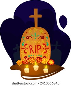 Colorful Day of the Dead tombstone with cross, flowers and candles. Dia de los Muertos cemetery scene. Mexican tradition and holiday celebration vector illustration.