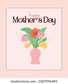 A colorful Mother’s Day greeting card featuring a vase filled with spring flowers in soft pastel tones. Perfect for prints, digital greetings, and design projects.