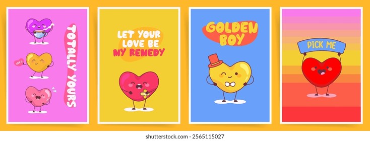 Colorful Valentine’s Day posters with cheerful cartoon hearts, playful slogans, and vibrant designs for fun celebrations and festive promotions.