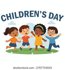 A colorful Children’s Day vector illustration featuring a group of happy kids playing together and having fun outdoors. Joyful children jumping, running, and celebrating in a cheerful environment. Per