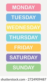 Os rótulos coloridos dos dias da semana são vetores para planejadores, calendários, programações, gráficos de educação e projetos de produtividade. Ilustração plana e limpa para impressão e uso digital.
