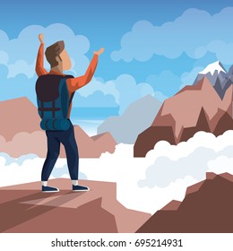 colorful daytime landscape of climber man celebrating at the top of mountain