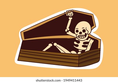 Colorful Dead Skeleton Sticker Coming Out Of Coffin. Old School Style Of Art. Stylish Vintage Dead Drawing Skeleton. Flat Cartoon Vector Illustration