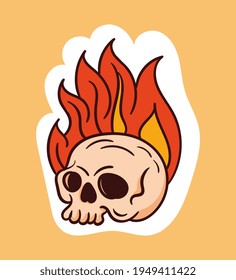 Colorful dead skull sticker with fire coming out of head. Old school style of art. Stylish vintage dead drawing skeleton on fire. Flat cartoon vector illustration