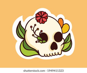 Colorful dead skull sticker with flowers coming out of head. Old school style of art. Stylish vintage dead drawing skeleton with flower decoration. Flat cartoon vector illustration