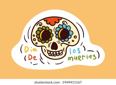 Colorful dead skull sticker in mexican style. Old school style of art. Stylish vintage dead drawing skeleton with mexican painting on face. Flat cartoon vector illustration