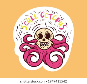 Colorful dead skull sticker with skull octupus lettering. Old school style of art. Stylish vintage octupus drawing skeleton. Flat cartoon vector illustration