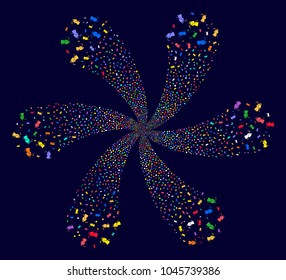 Colorful Death Scytheman spiral composition on a dark background. Psychedelic spiral done from randomized death scytheman symbols.