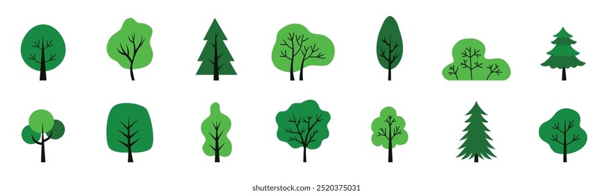 Colorful deciduous and coniferous trees set isolated on a white background. Design concept for a textbook, poster, banner. Simple flat style elements. Vector illustration. Biology theme stickers. 