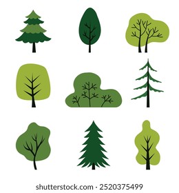 Árvores coloridas caducifólias e coníferas isoladas sobre um fundo branco. Design conceitual para um livro-texto, pôster, faixa. Elementos simples de estilo plano. Ilustração vetorial. Adesivos de tema de biologia. 