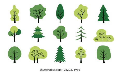 Colorful deciduous and coniferous trees set isolated on a white background. Design concept for a textbook, poster, banner. Simple flat style elements. Vector illustration. Biology theme stickers. 