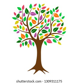Colorful deciduous tree with autumn colored leaves, red, orange purple, green and yellow, simple flat illustration for logo or icon, autumn nature concept, eps 10 vector
