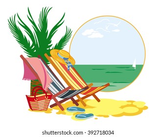 Colorful deckchair on the sea shore. vector clip art.