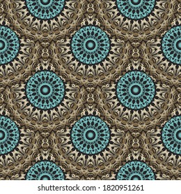 Colorful Deco seamless pattern. Vintage flowers, leaves. Decorative vector ornamental background. Elegant ethnic round mandalas repeated ornaments. Ornate design for prints, wallpapers, cards, fabric.